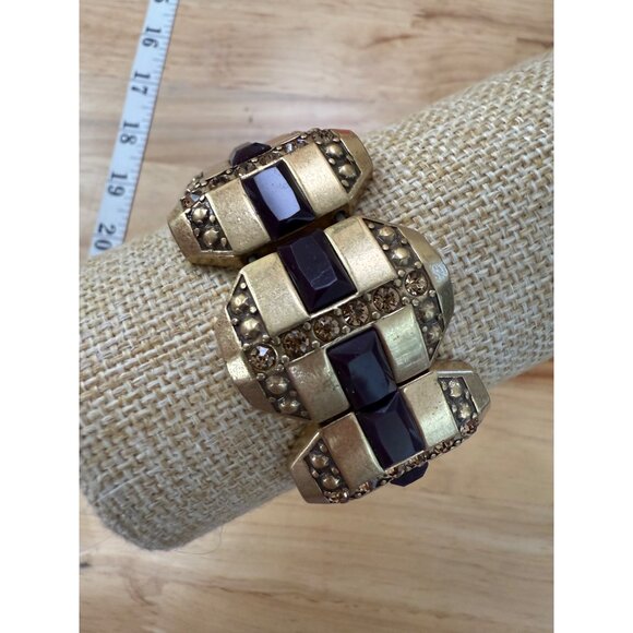 J Crew Gold-Tone Stretch Bracelet With Purple Faceted Stones & Rhinestones - Picture 3 of 7